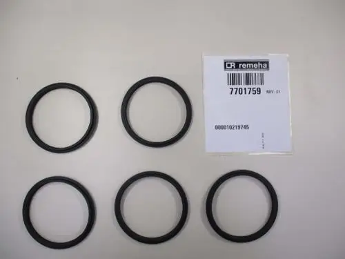 Sechs schwarze Dichtungsringe auf einem Tisch, neben einem Etikett mit der Marke Remeha und Artikelnummer.